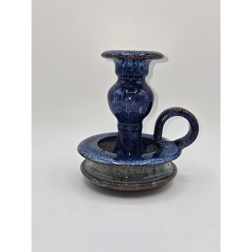 Studio Pottery Chamberstick Candle Holder Blue Drip Glaze Handled Stoneware